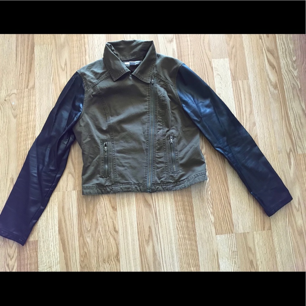 Moto Army Green and Faux Leather Jacket